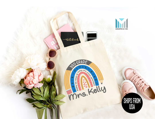 Personalized Teacher Pencil Rainbow Tote Bag, Custom Teaching Assistant Gift, School Lunch Totes With Name, Heavy Canvas Shopper Bag