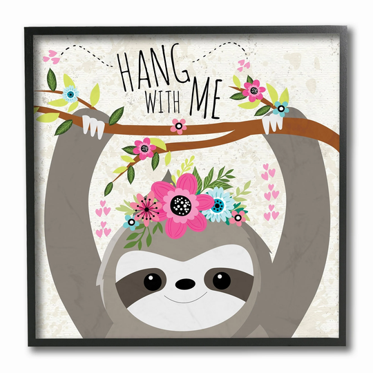 The Kids Room by Stupell Hang With Me Sloth and Flowers, Framed Giclee, 12 x 1.5 x 12, Made in USA - Multi-color - 12 x 12