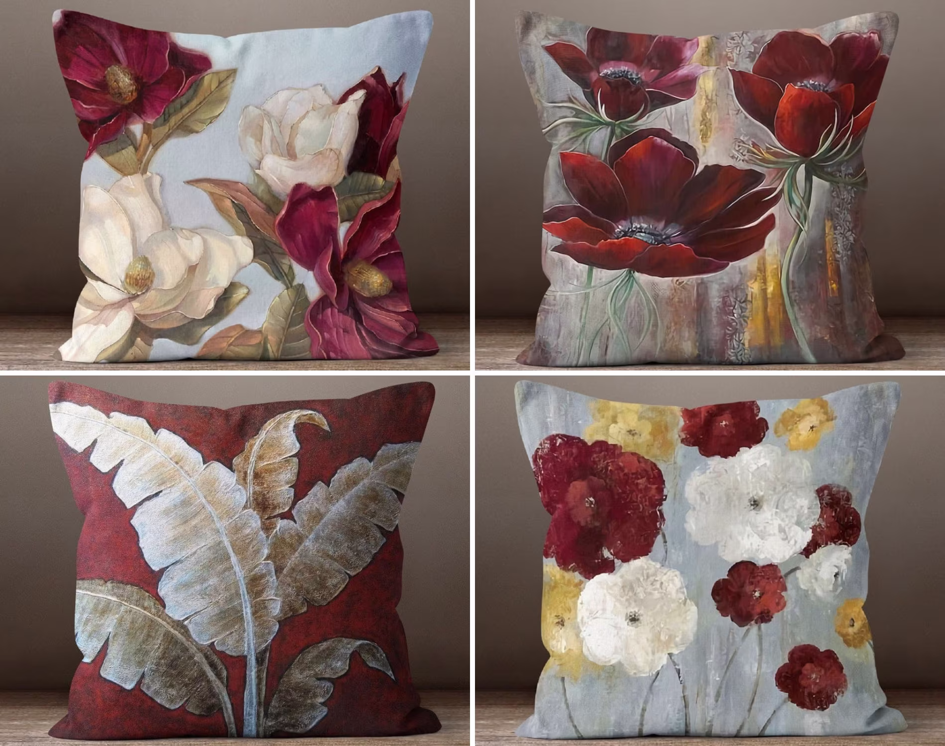 Flower Sofa Pillow Cases, Decorative Fashionable Cushion Case, Burgundy Floral Couch Decor Cover, Premium Quality Pillow, Modern Home Deco