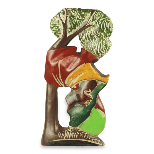 Handmade Under the Baobab Tree Wood wall panel (Ghana) - 12.25" H x 6" W x 0.8" D