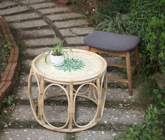 Round Rattan Table, Coffee Wicker Vintage Natural Table Mix Mother Of Pearl Rt01A-M
