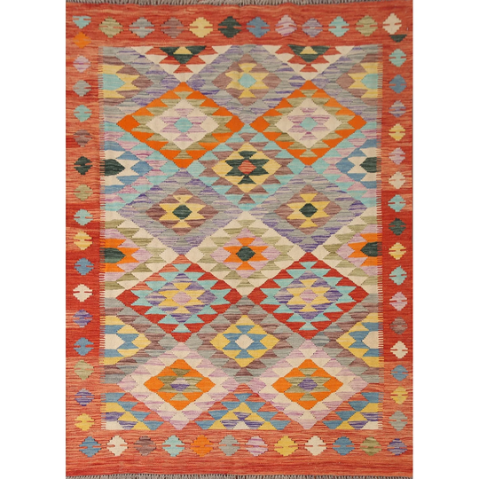 Southwestern Multi-Color Kilim Area Rug Hand-Woven Wool Carpet - 4'11" x 6'10"