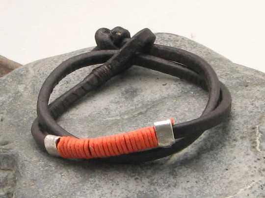 Unisex Leather Bracelet. Men Or Women, Unisex Brown Wrap Bracelet With Orange Yarn & Silver Plated Spacers