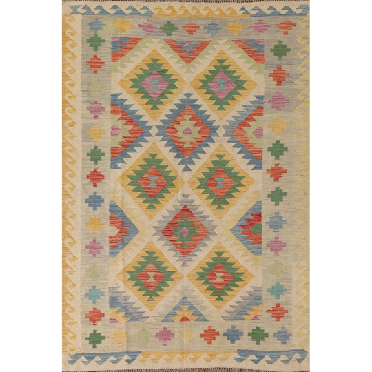 Kilim Multi-Color Geometric Reversible Area Rug Flat-weave Wool Carpet - 4'10" x 6'8"