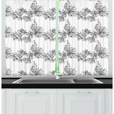 Sketch Pencil Drawn Interpretation of Medical Herbs and Plants Monochrome Artwork Kitchen Curtain