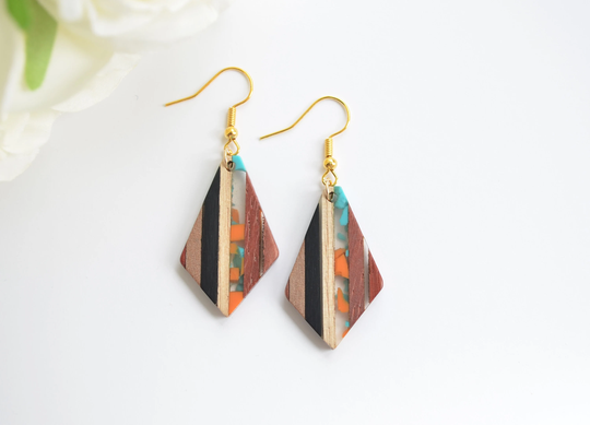Geometric Wood Earrings, Vertical Color Stack Striped Bohemian Long Wood Diamond Dangle Earrings
