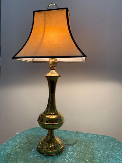 Midcentury Brass Table Lamp W Shaped Shade Approx 25"H Is Heavy & Appears Hollow Polished Aged Patina; Finial 2 3/4"H