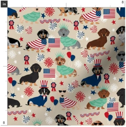 Tan 4Th Of July Dachshund Fabric By The Yard | Doxie Flowers Dog Head Print Made To Order