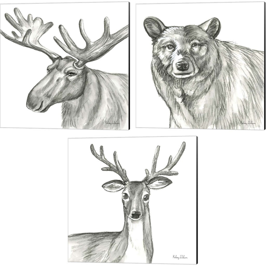 Kelsey Wilson 'Watercolor Pencil Forest (Moose, Bear & Deer)' Canvas Art (Set of 3)