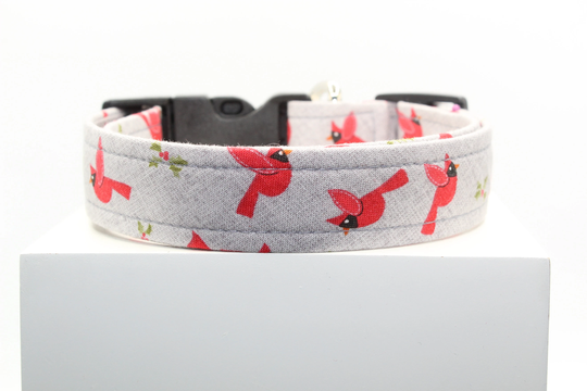 Holiday Cardinals Dog Collar, Handmade Print Fabric Custom Collars For Dogs, Dog Collars