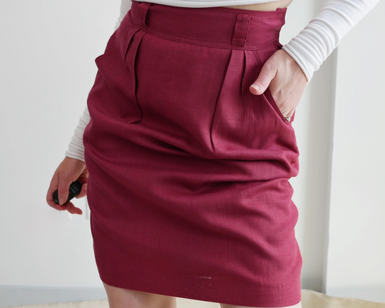 High Waisted Linen Skirt | Vintage Paris Burgundy Red Pleat Front Academia Classic Pencil Small