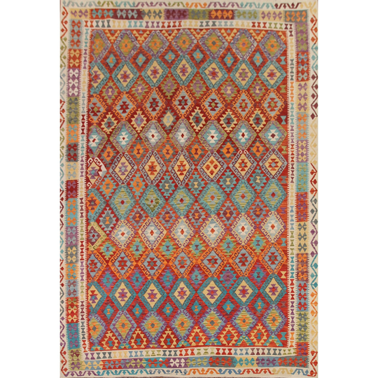 Kilim Geometric Reversible Area Rug Hand-woven Multi-Color Wool Carpet - 10'3"x 12'10"