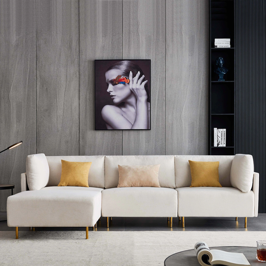 L-Shape Linen Sectional Sofa with 3 Pillows
