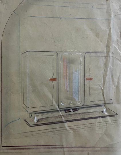 1930S French Gouache Architectural Study On Mylar. Furniture Design. Study Of A Sideboard. Modern Furniture
