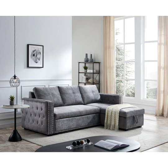 Sectional Sofa with Pulled Out bed, 2 Seats Sofa and Reversible Chaise with Storage, Both Hands with Copper Nail, Grey