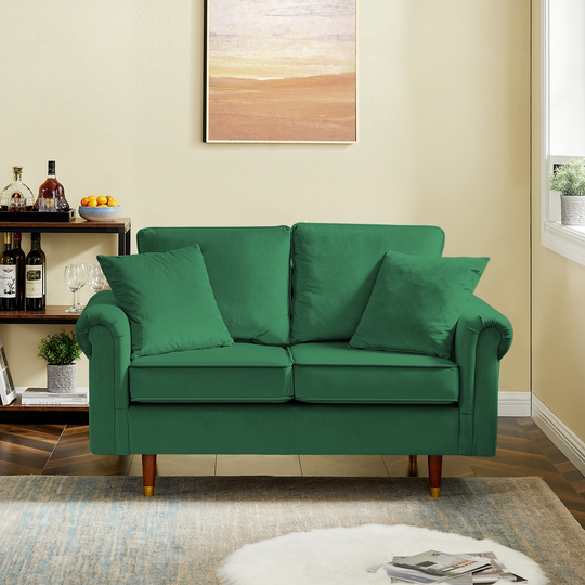 Modern Velvet Sofa Couch with 2 Pillows, Wood Legs Loveseat Sofa with Thickened Padding Cushions and Rolled Arms, Green