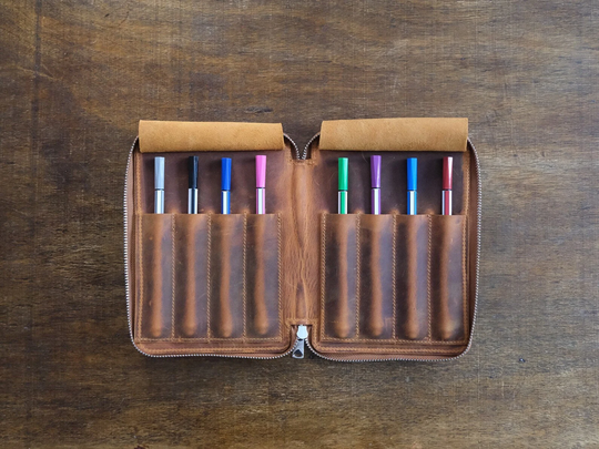 Genuine Leather Handmade 8-Slot Pen Case, Zippered Pencil Pouch, Fountain Camel