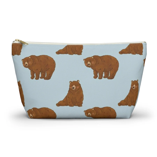 Grizzly Bear Pouch, Pencil Case, Woodland Animal Custom Teacher Bridesmaid Cosmetic Bag, Zipper Makeup Accessory Pouch