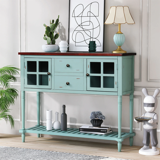 Retro Blue Sideboard Table Shelf Wood Glass Buffet Storage Cabinet