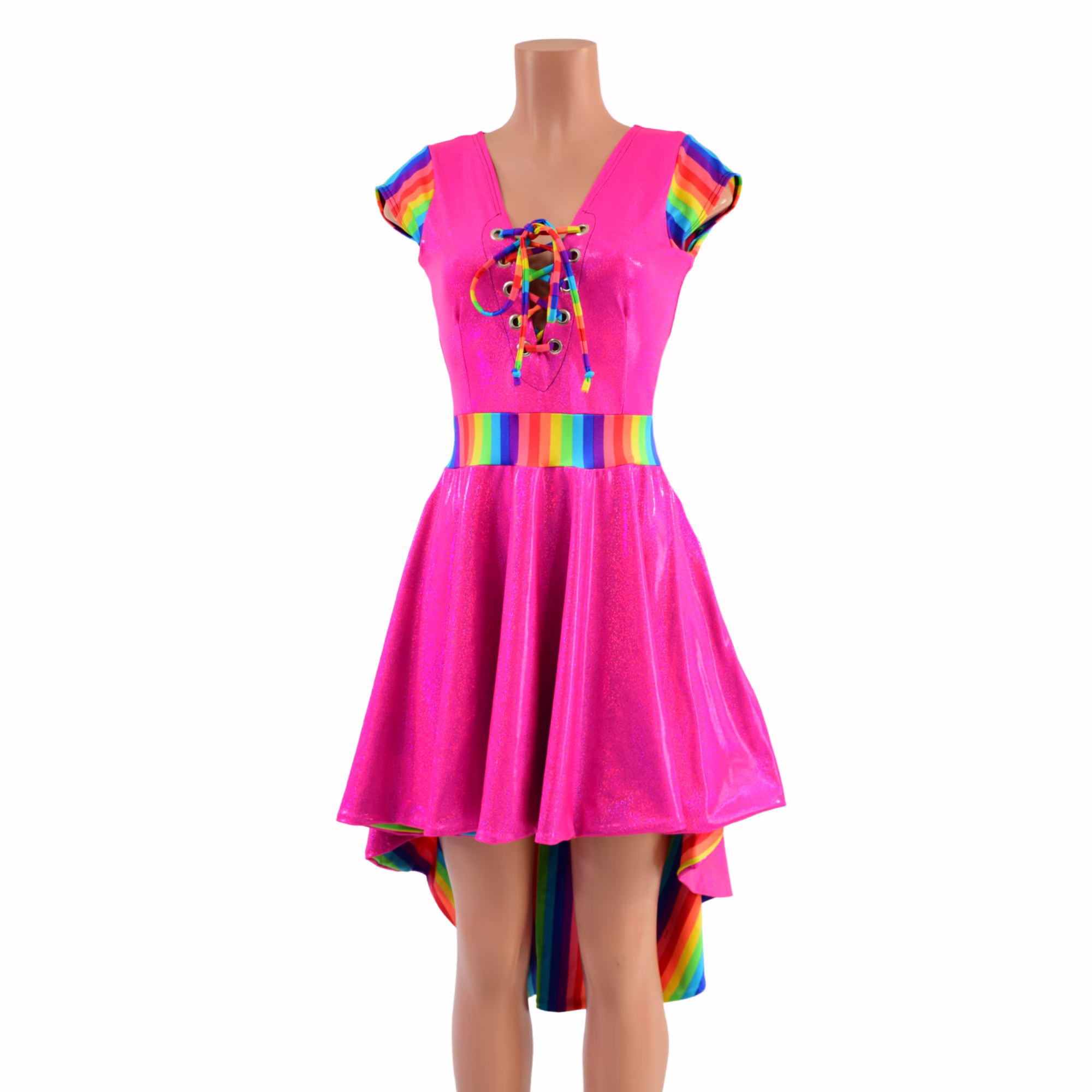 Neon Pink Holo Hi Lo Skater Dress With Plunging V Laceup Neckline, Cap Sleeves, Ties, Waistband & Flare Lining in Rainbow Stripe 1579248