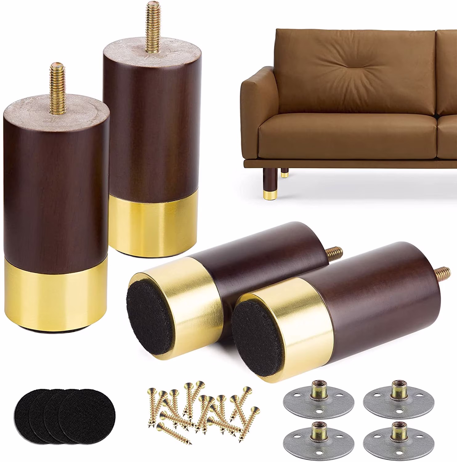 Wood Furniture Legs, Sofa Legs, Couch Brown Mid-Century Modern Replacement For Furniture 4.8 Inch Pack Of 4