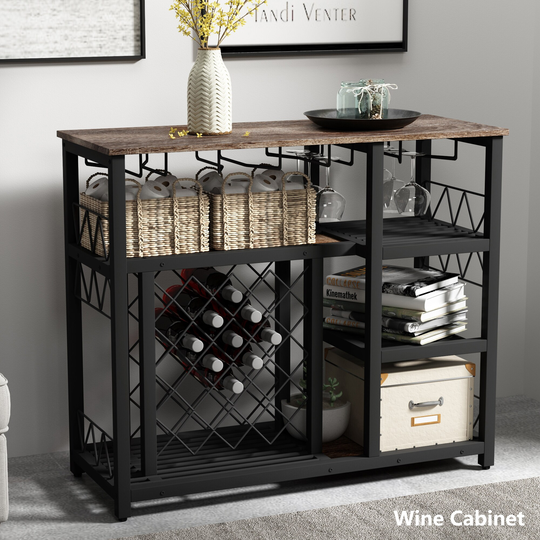 Home Kitchen Dining Room Metal Wine Rack Table with Glass Holder, Freestanding Wine Bar Cabinet