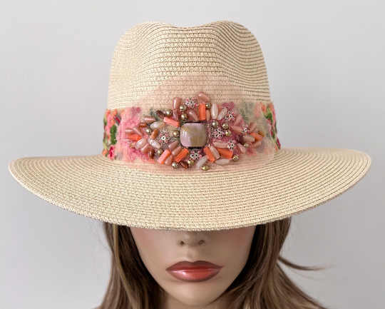 Women's Beige Wide Brim Straw Fedora Hat With Colorful Ribbon Trim & Peach Beaded Embellishment 22"Up To 23" Hat Ready Ship Upf 50+