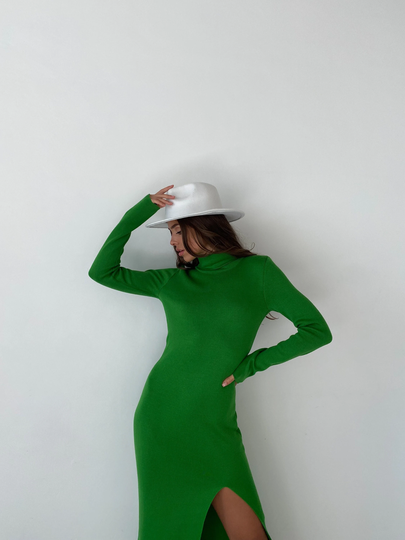 Grass Green Wool Dress Turtleneck, Sweaterdress Bodycon With Side Slit, Pencil Warm For Women Midi Womens