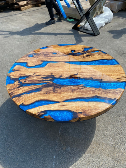 Round Dining Table, Custom 44" Diameter Olive Wood Shiny Ocean Blue With Waves Epoxy Order For Jonathan