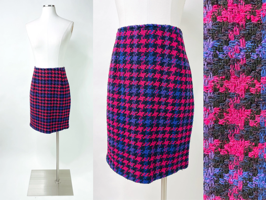 1990S-2000S Wool Blend Vibrant Houndstooth Pencil Skirt By The Limited Sm | Vintage, Fuchsia, Purple, Blue, Black, Business, Retro, Timeless