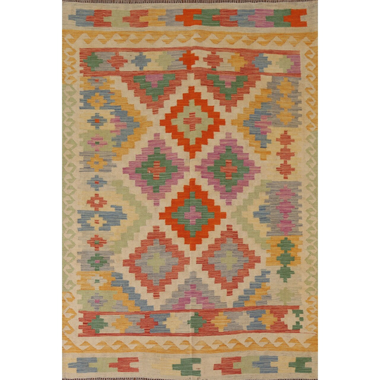 Colorful Geometric Kilim Oriental Rug Flat-weave L Wool Carpet - 4'11"x 6'8"