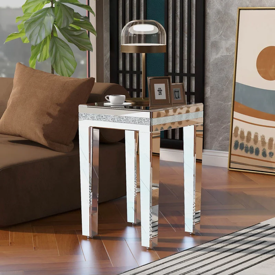 Fashionable Modern Glass Mirrored Side Table, Easy Assembly End Table with Crystal Design and Adjustable Height Legs