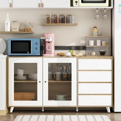 Arlia Kitchen Storage Cabinet Sideboard With 2 Glass Sliding Doors And With 4 Drawers, Accent Console Table For Kitchen Dining Living Room Hallway Off