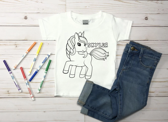 Unicorn-W/Side Name Coloring Shirt, Kids Youth Personalised Shirt