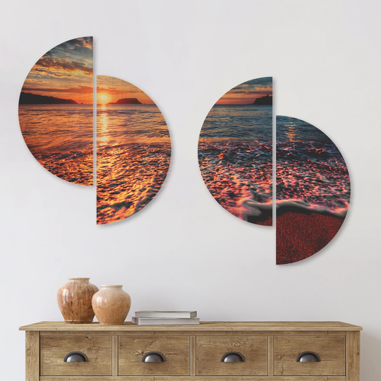 Designart 'Peaceful Evening Beach View' Seascape Wood Wall Art Set of 4 Half Circles - Multi-Color