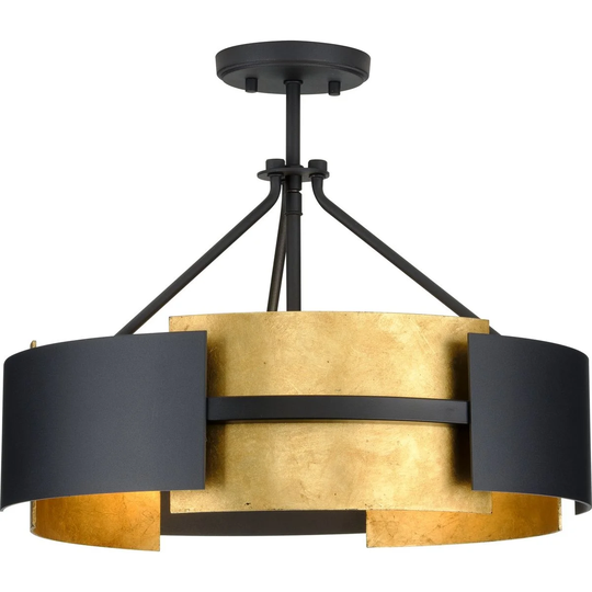 Lowery Collection 3-Light Black Distressed Gold Luxe Semi-Flush Mount Convertible Ceiling Light - 19 in x 19 in x 15.37 in