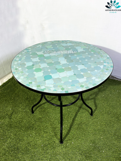 Table Round Made From Mosaic For Outdoor-Indoor 100% Handcrafted Moroccan Tiles, Mid Century Mosaic Coffee