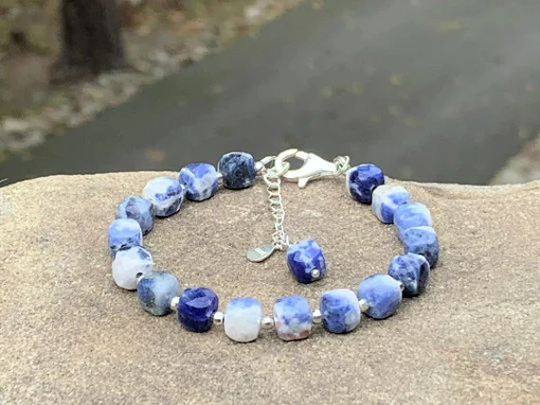 Sodalite Bracelet, Natural Gemstone 925 Sterling Silver, Blue Calming 6.5mm Stones