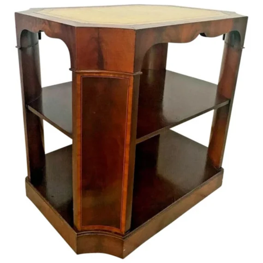 Vintage Console Table Rectangle Lower Shelves Leather Top Curved Corners Inlays