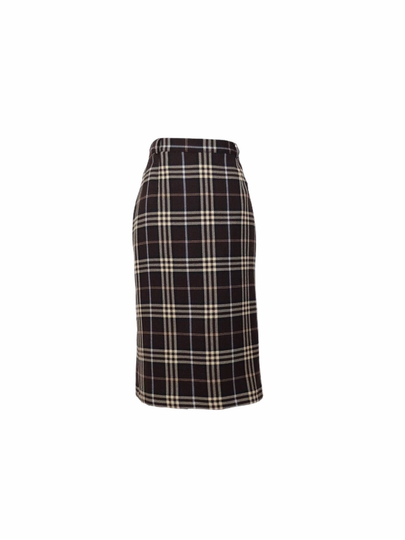 Vintage 90S Y2K Wool Schoolgirl Preppy Plaid Check Print High Waisted Pencil Midi Skirt With Back Slit | Size 14 Uk, 10 Us, 31.5 Inch Waist