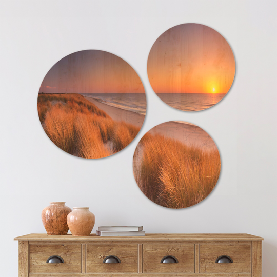 Designart 'Sunset on Texel Island Beach' Modern Seashore Wood Wall Art Set of 3 Circles - Multi-Color