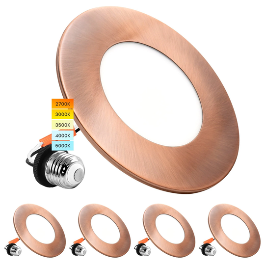 Luxrite 4" LED Recessed Light, 5 Color Selectable, Magnetic Trim, Dimmable, 500 LM, Wet Rated - Copper 4 Pack