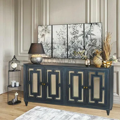 80 Inch Black Antiqued Glass Doors Trellis Wooden Layover Sideboard Noche