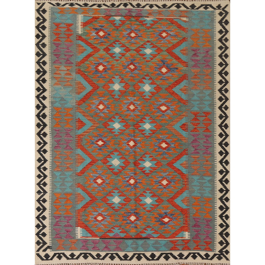 Geometric Multi-Color Kilim Reversible Area Rug Hand-woven Wool Carpet - 5'1" x 6'6"