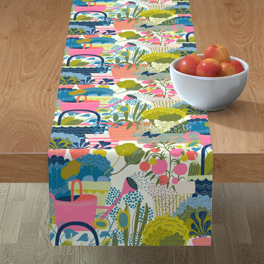 Modern Botanical Table Runner - Lush Pink Veggie Garden By Miraparadies Bright Colorful Summer Cotton Sateen Spoonflower
