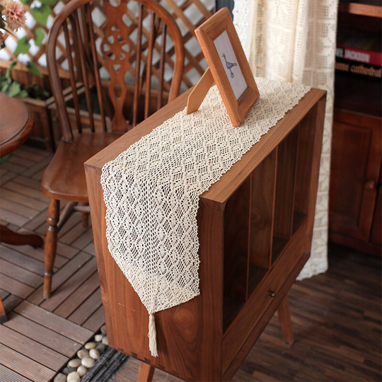 Natural Macrame Cotton Crochet Table Runner With Tassels | Rustic Runners Festival Event Decoration