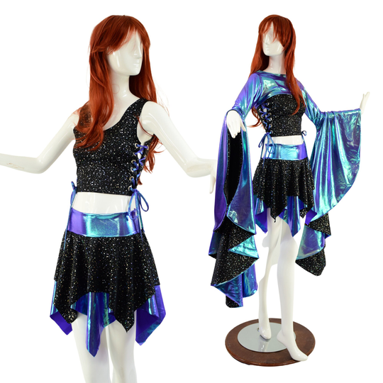 3Pc Lace Up Crop Tank, Pixie Skirt, & Sorceress Sleeve Bolero in Star Noir Moonstone Emk1579189