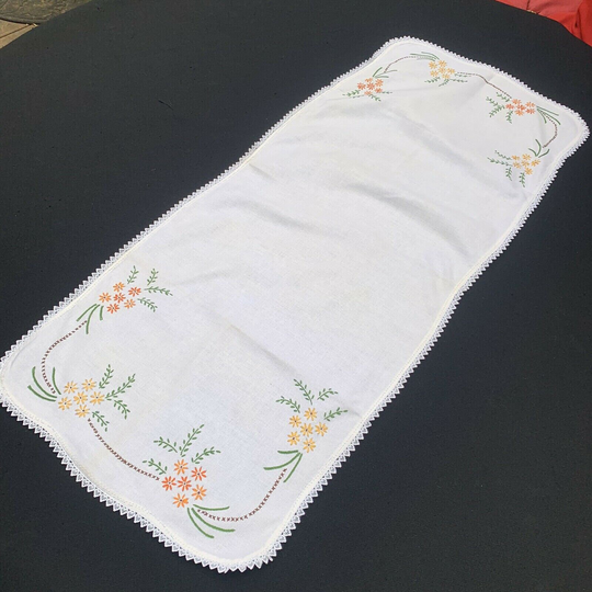 Vintage Off White Table Runner With Hand Embroidery Yellow Flowers & Trim