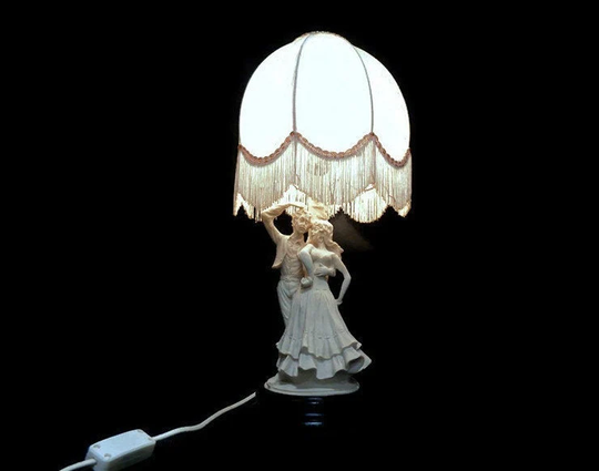 Antique Table Lamp With Beige Shade, Vintage Resin Man & Woman Statues, Mid Century