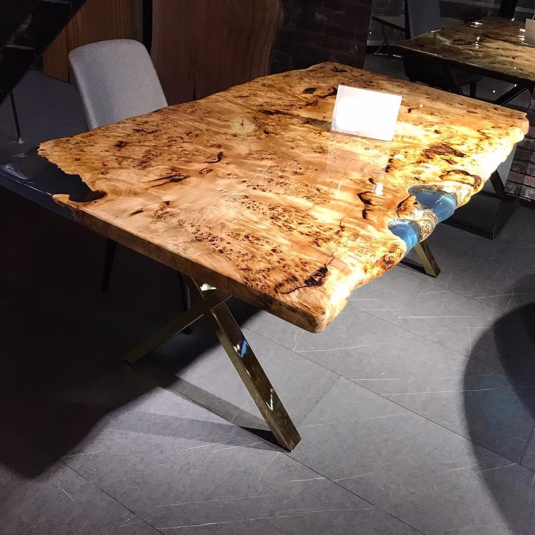 Mappa Burl Resin Table, Epoxy Dining Table,, Live Edge Living Ocean Blue Natural Handmade Furniture For 8 Person